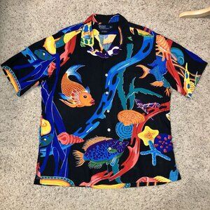 Polo Ralph Lauren Shirt CALDWELL Vintage FISH Koi LOOP COLLAR Viscose - Sz L